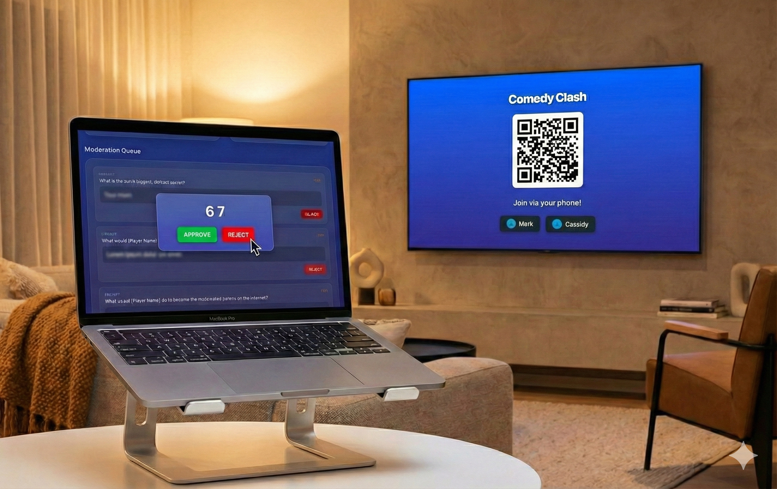Laptop showing host moderation queue next to TV displaying game with QR code
